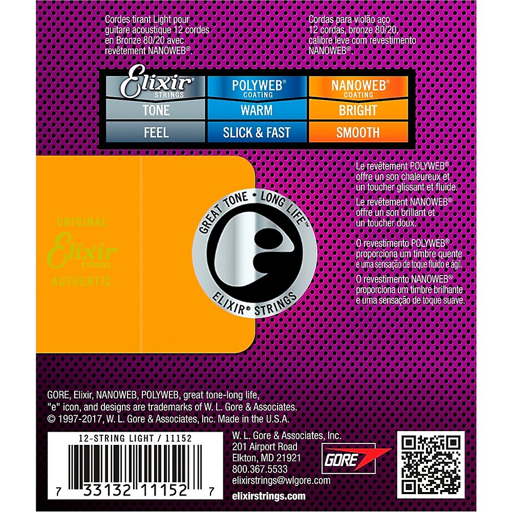 Elixir 80/20 Bronze 12-String Acoustic Guitar Strings NANOWEB Light (.010-.047)