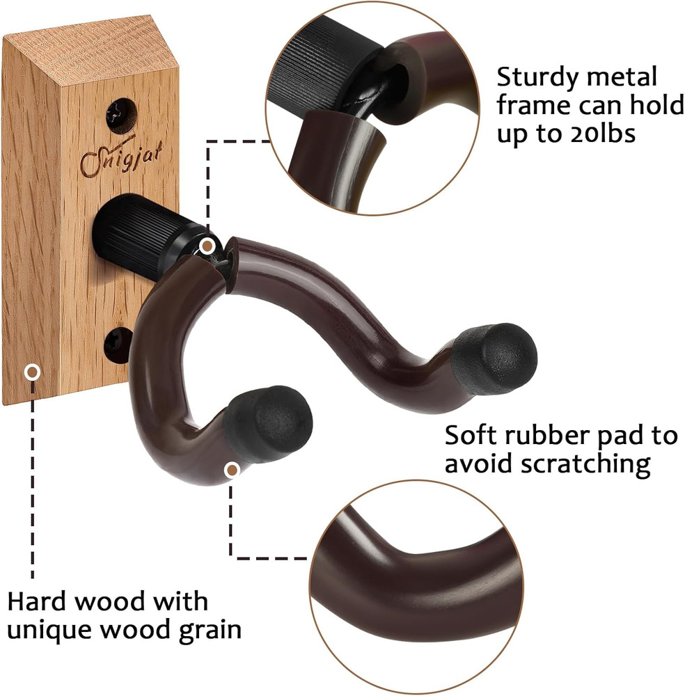 Guitar Wall Mount 2 Pack, Rotatable Solid Wood Hanger with Screws, V-Shaped Hook