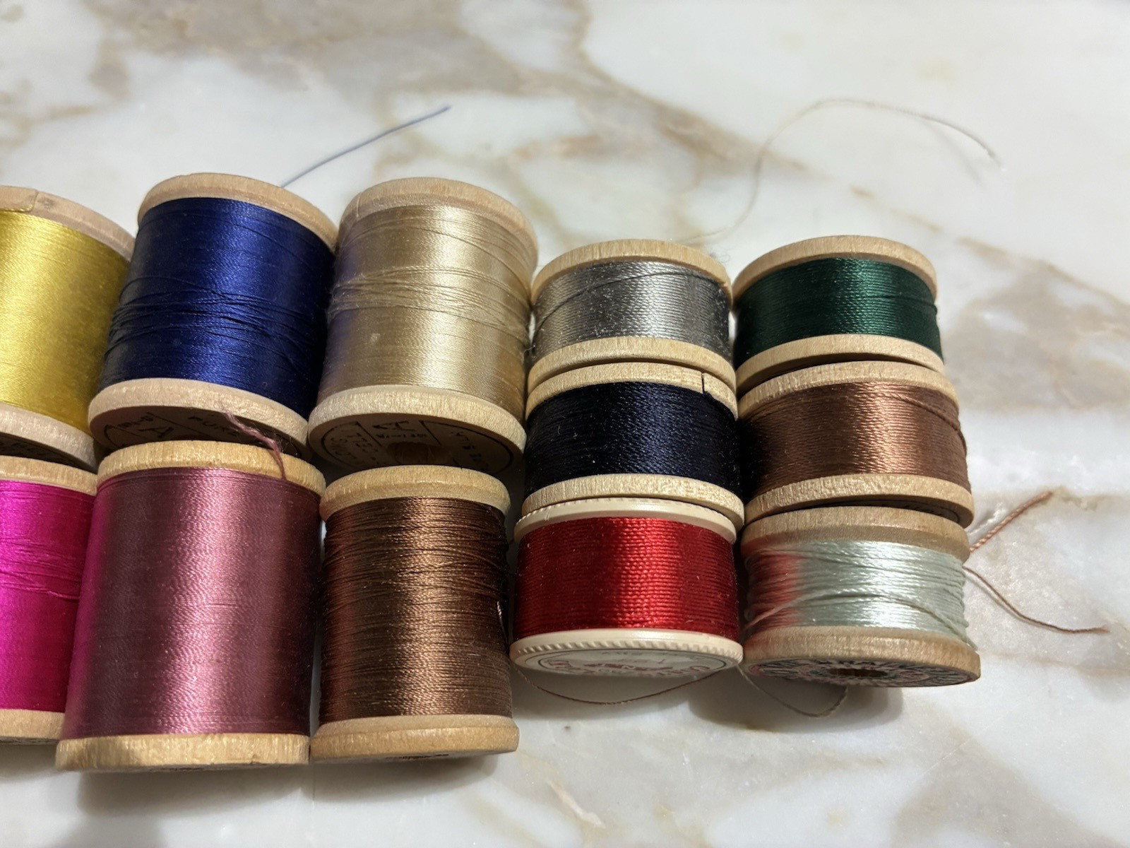 14 vintage silk thread most on wooden spools