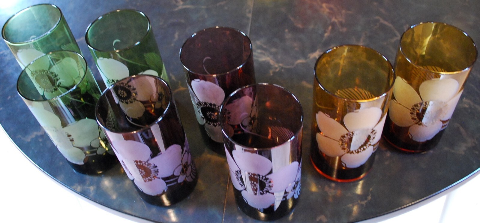 Vtg Set 8 PIER 1 Tumbler Glasses ETCHED FLOWER Hand Blown 6" Multicolor 20 Ounce