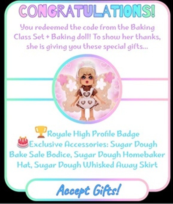 Royale High BAKING CLASS PLAYSET DOUGH DARLING HAT *CODE ONLY* Sent via EBAY MSG