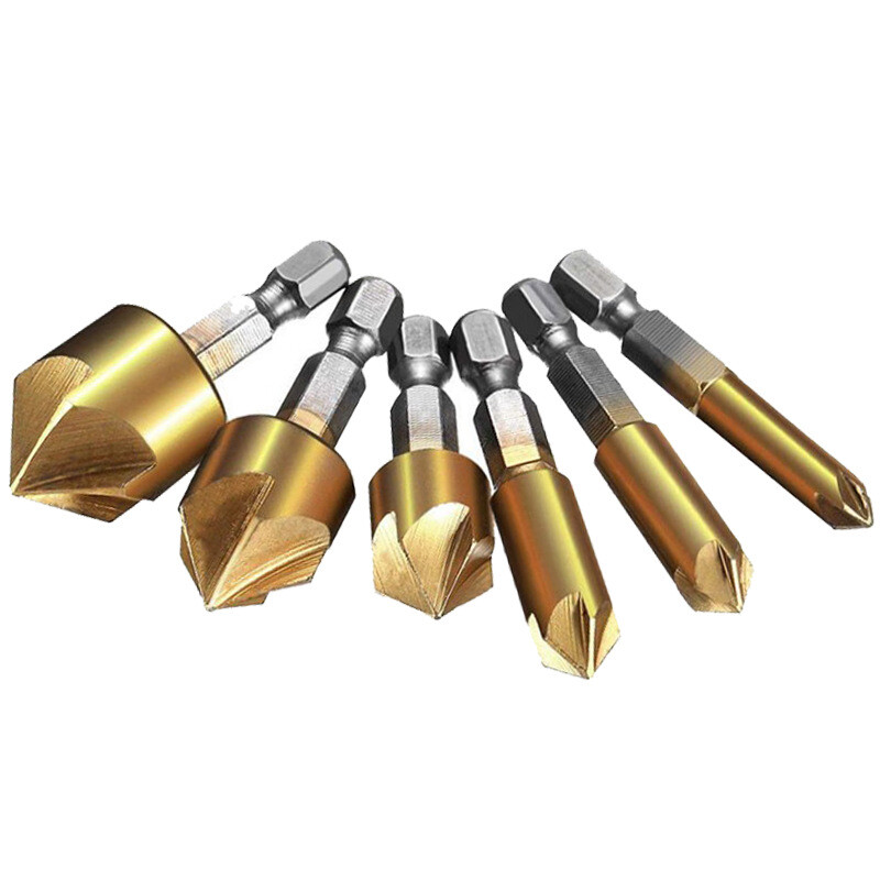 6 x Chamfer Countersink Deburring Drill Bit Set Crosshole Cutting Metal Tool Kit