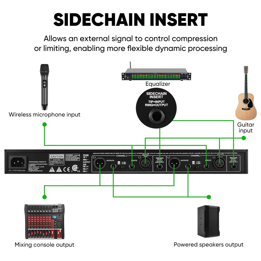 Dual-Channel Rackmount Audio Compressor with Noise Gate & XLR/TRS Inputs