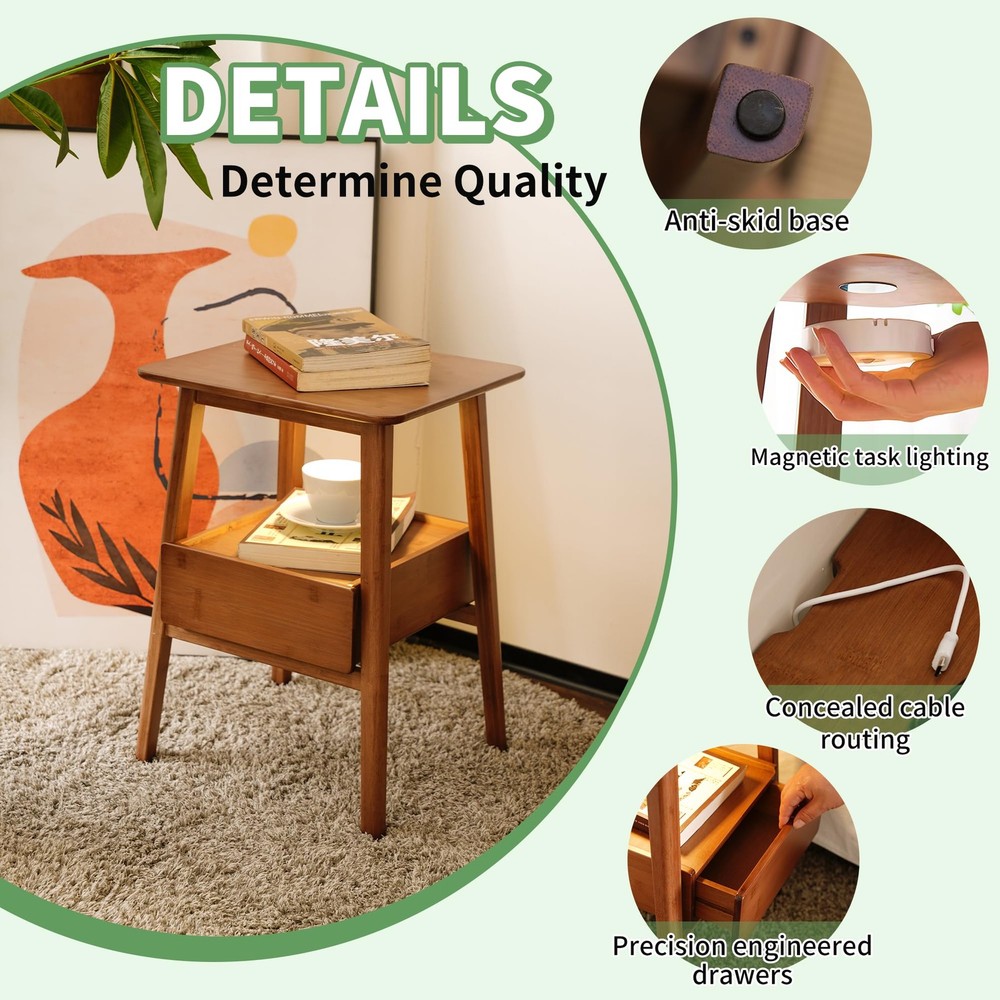 Fluted Nightstand with Drawer – Tall Solid Bamboo Bedside Table with Open She...