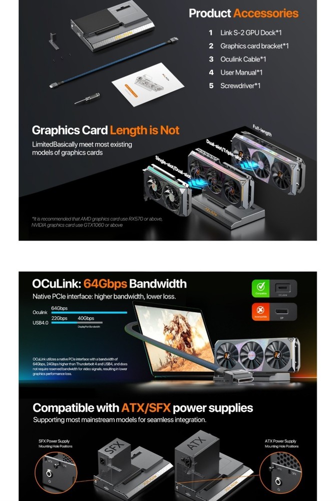 External GPU Dock Station, Support ATX Standard Power Supplies Oculink Interface