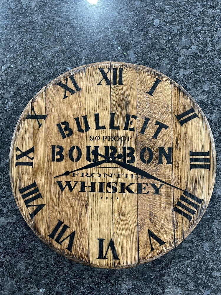 Authentic Bulleit Bourbon Barrel Head Clock 21.5” Dia.