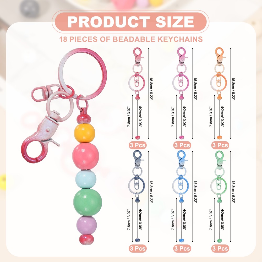 18Pcs Beadable Keychains, DIY Beaded Keychain Making Kit, Gradient Color