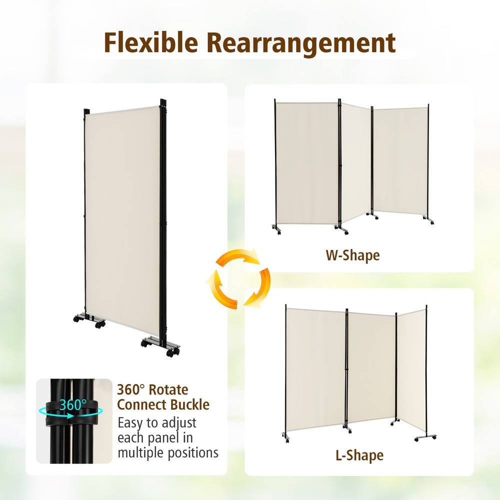 3-Panel Folding Room Divider 6' Rolling Privacy Screen w/Lockable Wheels White