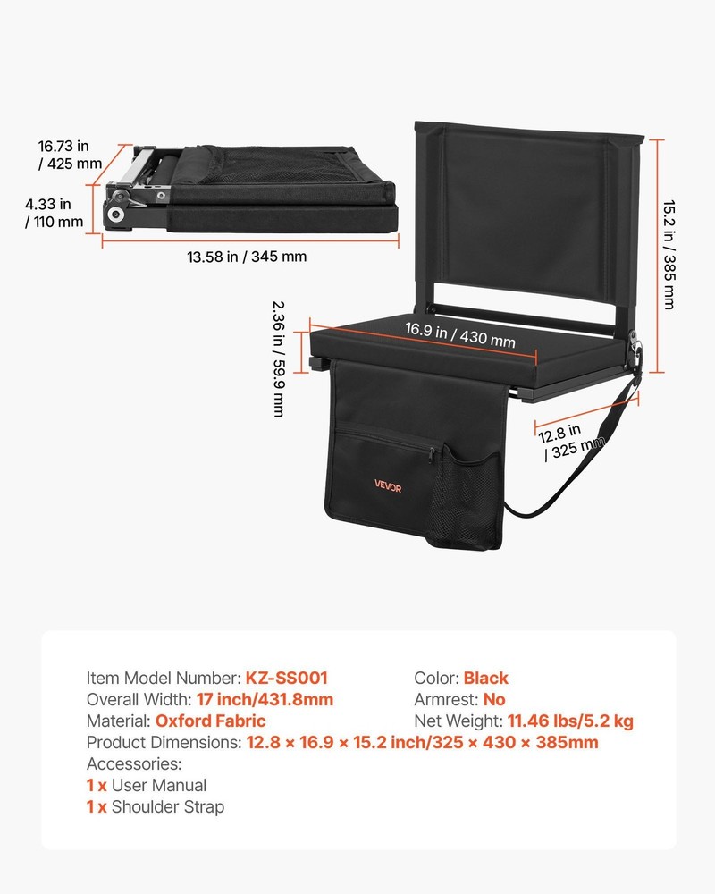 Comfortable Portable Bleacher Seat w/Backrest Hooks & Shoulder Strap