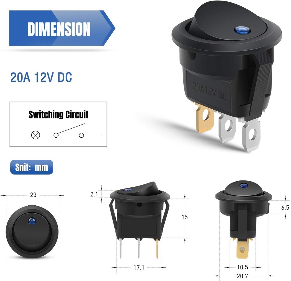 20A 12V Round Toggle LED Switches - 12PCS Panel Mount Rocker Control Assortment