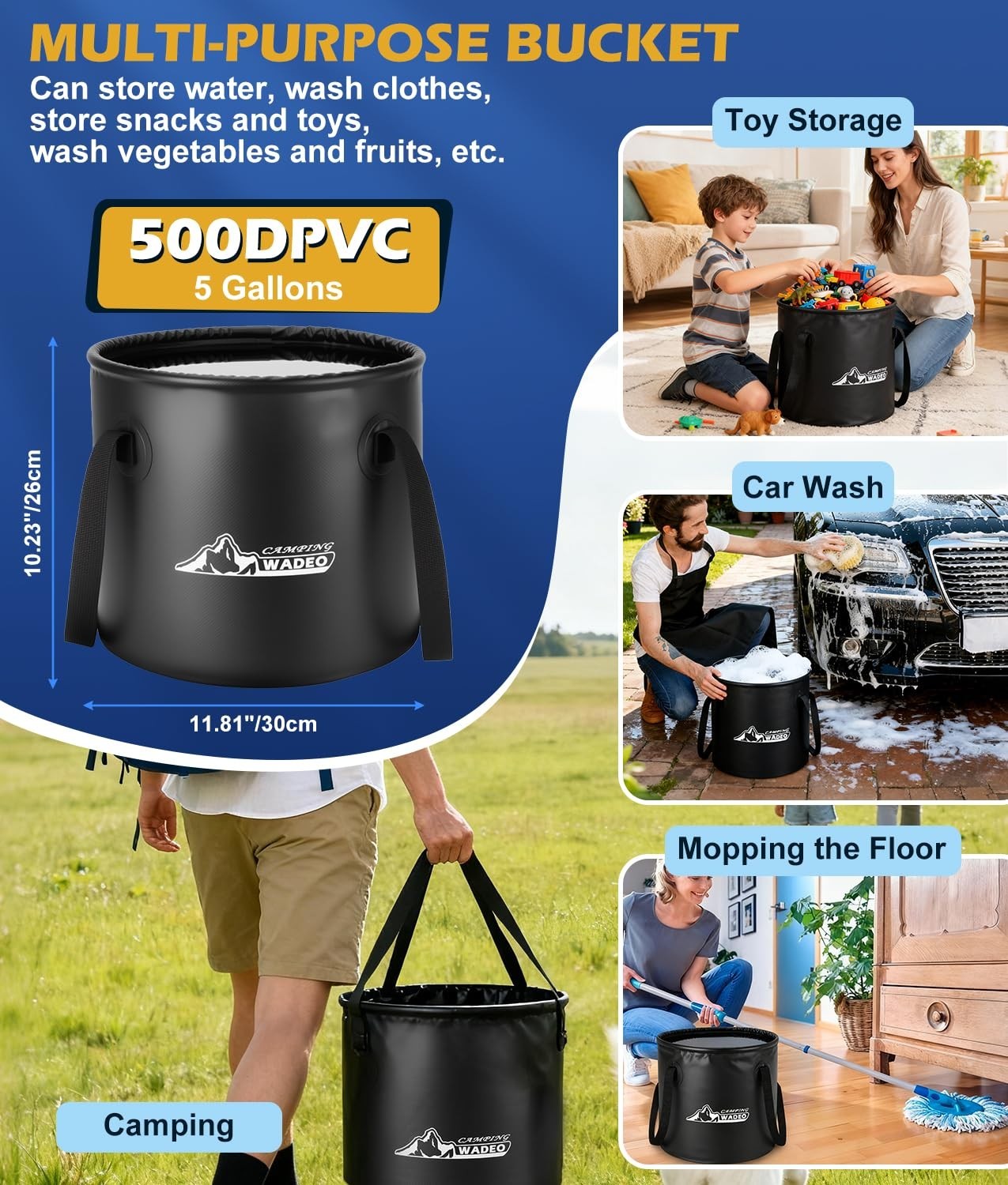 WADEO Portable Shower with Heater,5 Gal Foldable Bucket,LED Display Waterproof