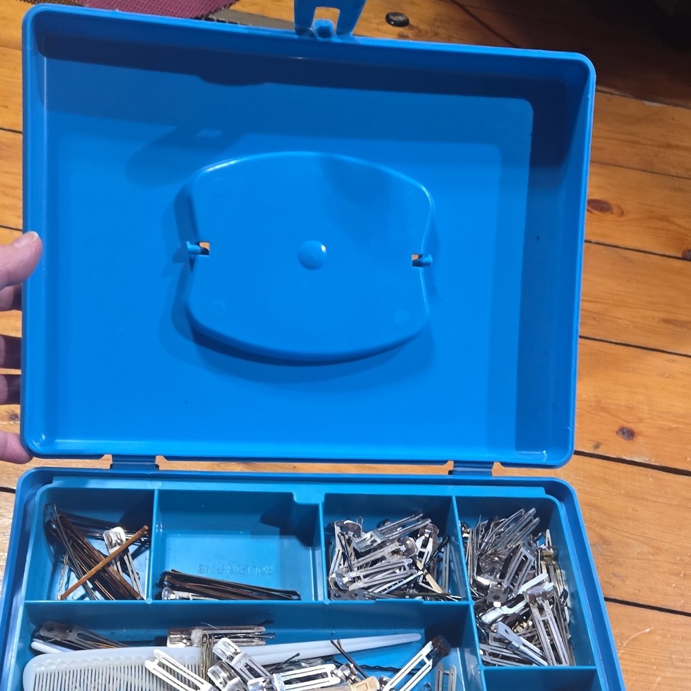 Blue Plastic Sewing Basket with Compartments and Metal Clips