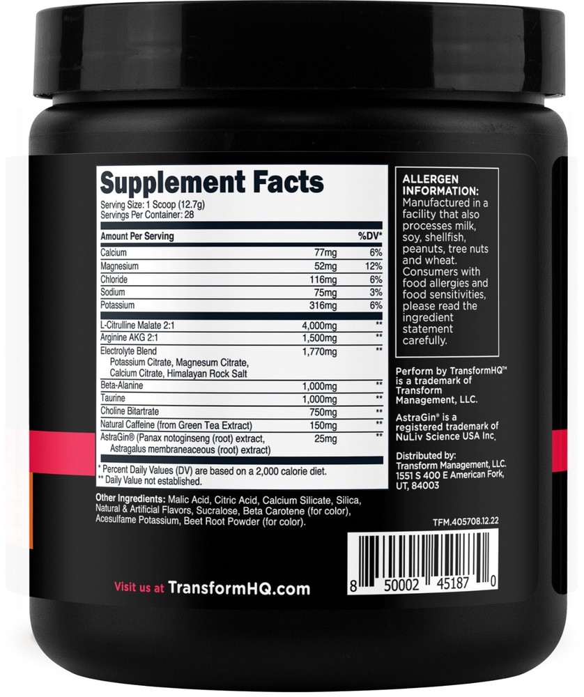 TransformHQ Pre-Workout (Pineapple Mango) 28 Servings - Perform - Gluten Free