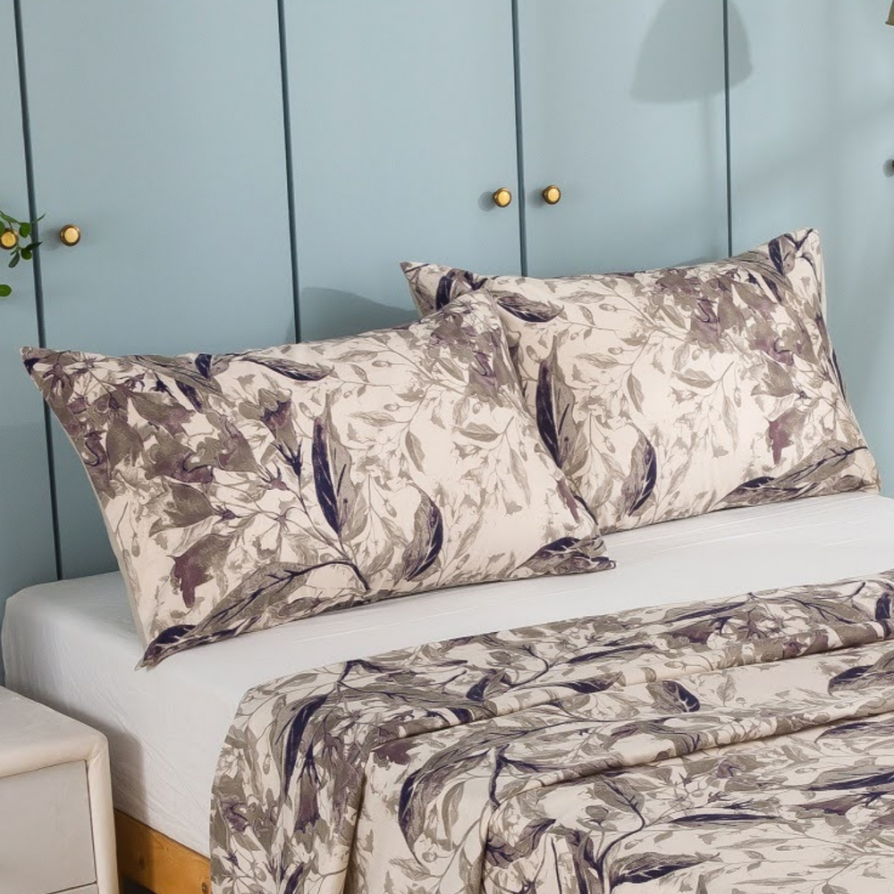 Tache Microfiber Abstract Wispy Leaf Taupe Grey Print Pattern Flat Sheet only