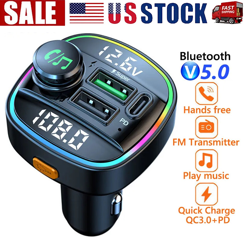 Bluetooth 5.0 Car Wireless FM Transmitter Adapter USB PD Charger AUX Hands LOT