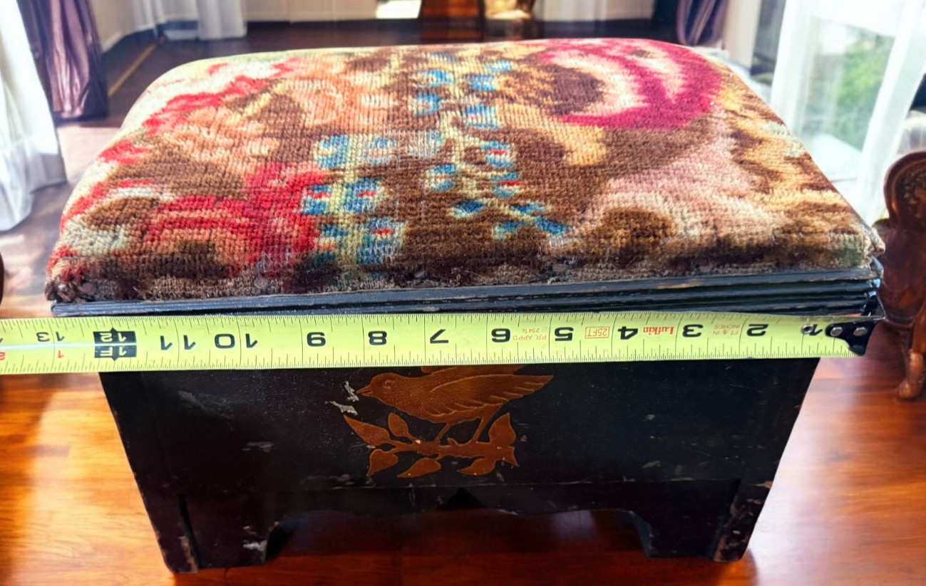 Vintage Floral Tapestry Footstool Wood Base Ottoman Inlaid bird eagle