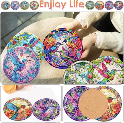 ijbnhd 8 Pieces Hummingbird Diamond Painting Coasters 4X4X0.1,