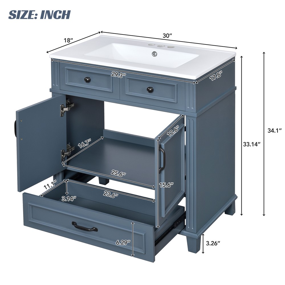 30'' Bathroom Vanity with Ceramic Sink,Solid Wood Frame Bathroom Storage Cabinet