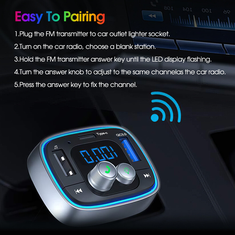Handsfree Bluetooth5.1 FM Transmitter Car QC3.0 Type c Fast Charger Radio Player
