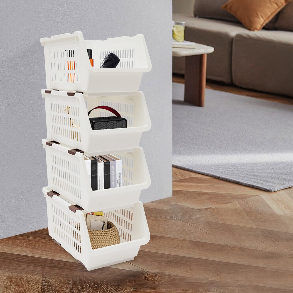 4 Pack Stacking Storage Baskets, Multifunctional PP Organizer Bins Space-Saving