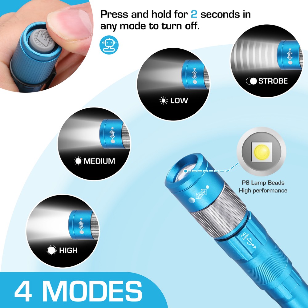 Pen Light Rechargeable 300 Lumens Zoomable LED w/Clip Memory Function Blue