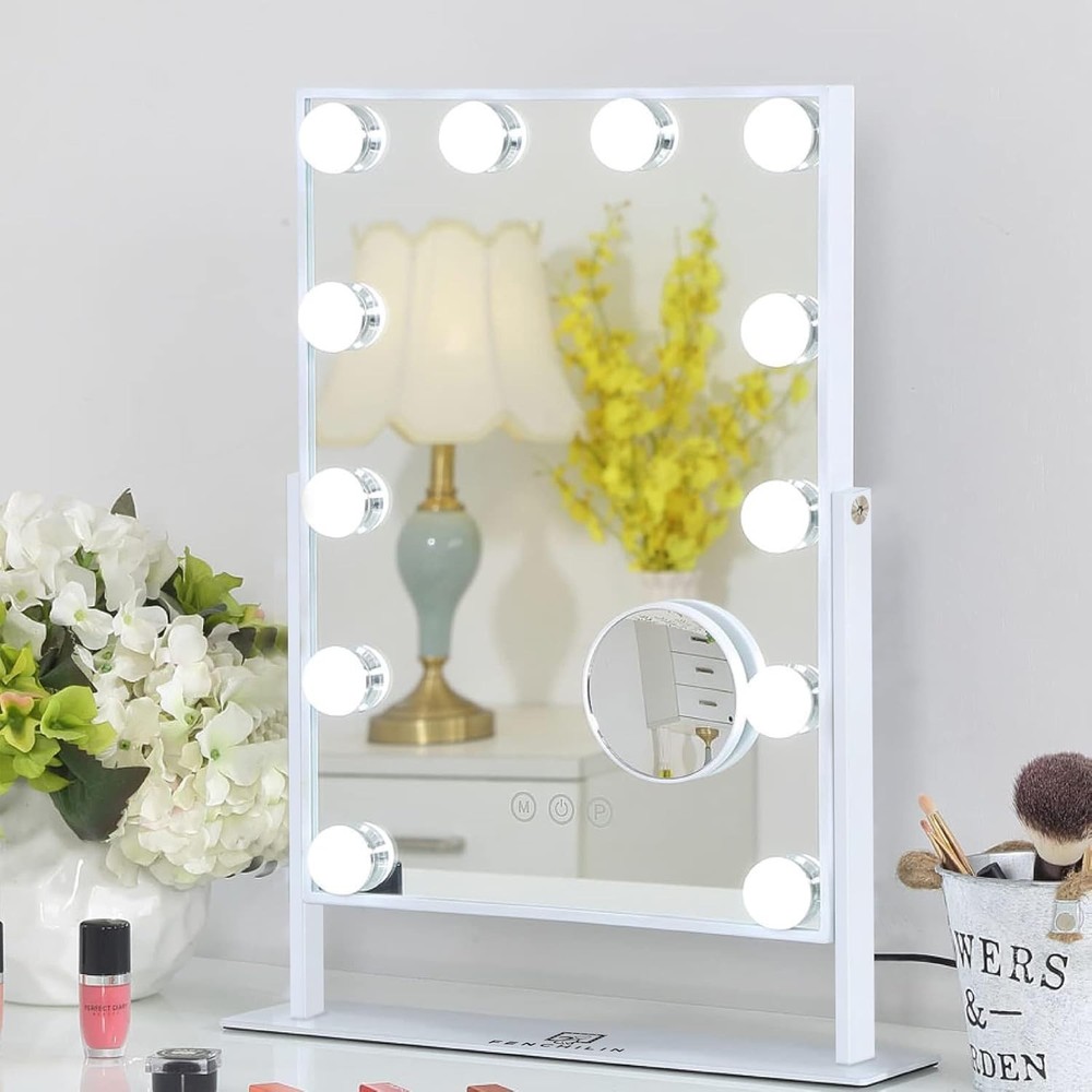 Dimmable Lighted Makeup Vanity Mirror - Detachable Magnification & Modern Design