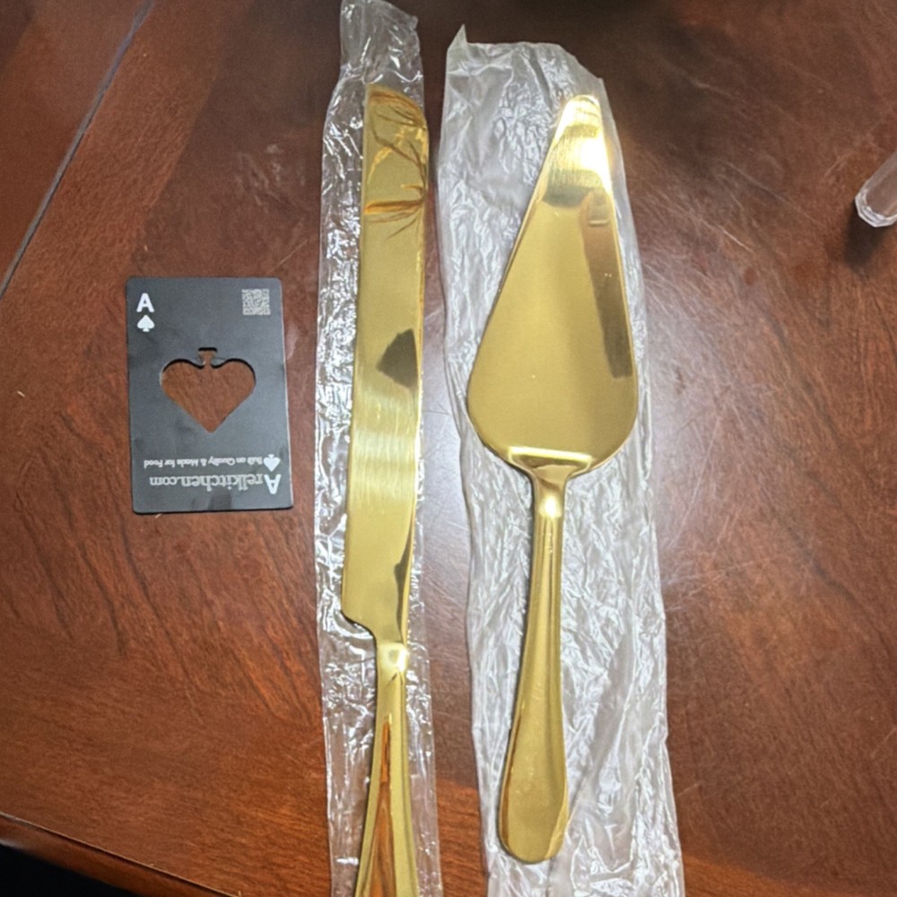 Gold Metal Glossy Cake Knife & Server Set, 2-Piece Solid Handle