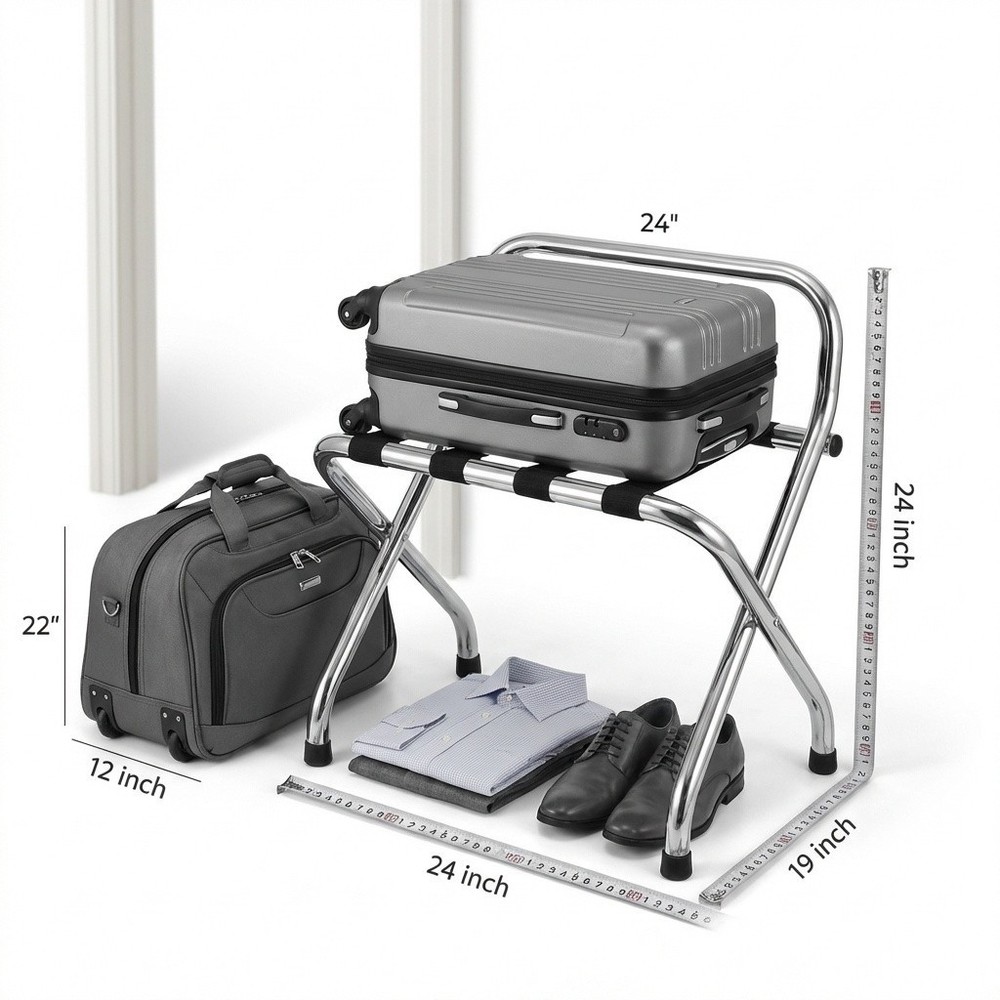 USTECH - Luggage Rack-Single Tier with High Back, Chrome, Foldable