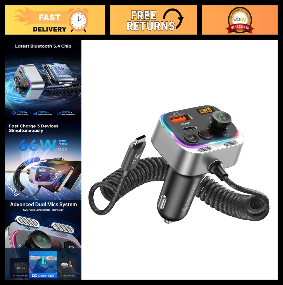 Bluetooth 5.4 FM Transmitter Car Adapter 66W PD QC 3.0 Fast Charging, HiFi Bass,