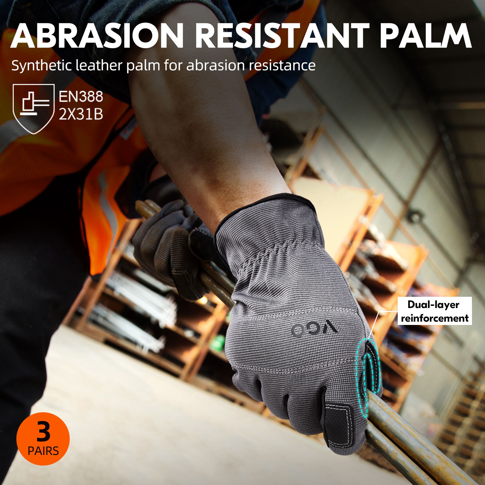 Vgo 1/3Pairs Flex Grip Leather Work Gloves, Light duty Mechanic Gloves (NB7581)