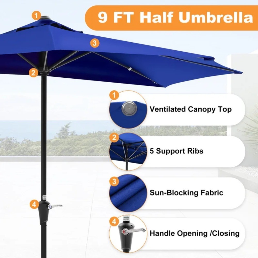 Half Umbrella Outdoor Patio，9 FT scalloped Patio Umbrella with Easy Crank
