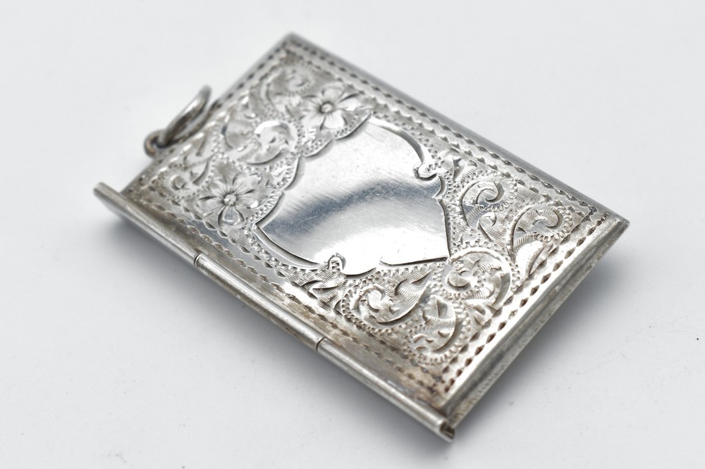 Antique Solid Silver Double Stamp Case Scroll Pattern Engraved Envelope Shape