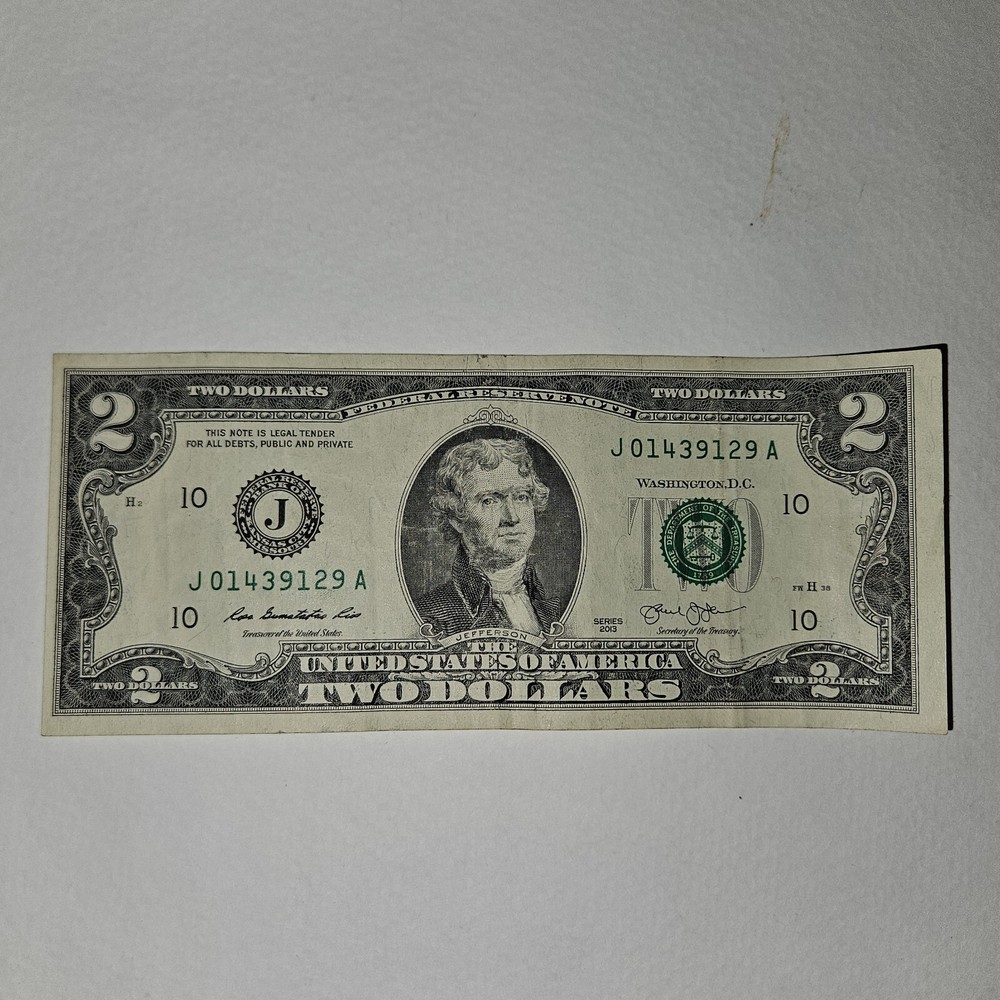 2013 $2 Dollar Bill Note Miscut/ Misaligned Error LOW SERIAL NUMBER #J01439129A