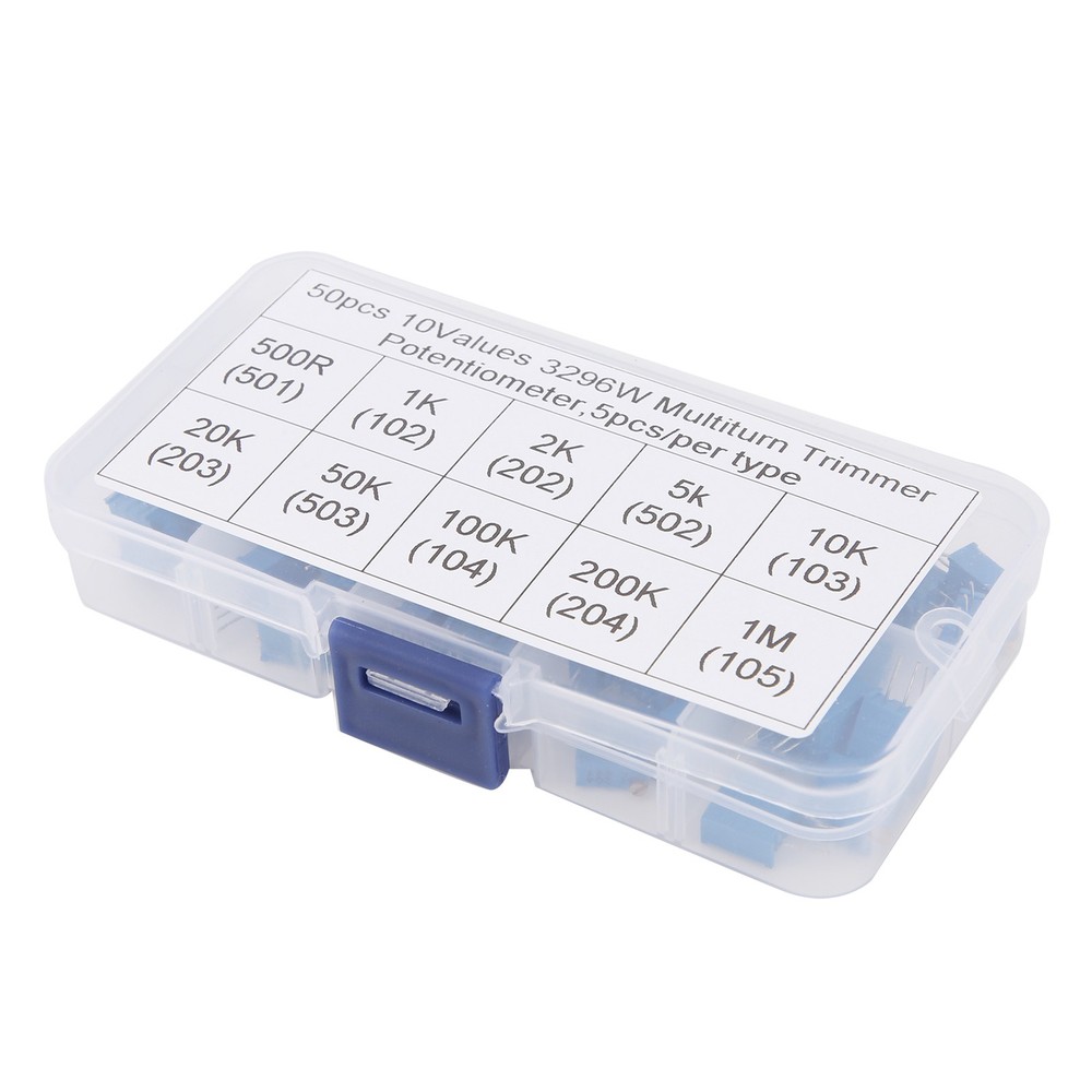 50pcs Variable Resistor 10 Values 3296W Regulating Resistance Trimmer Tool Part