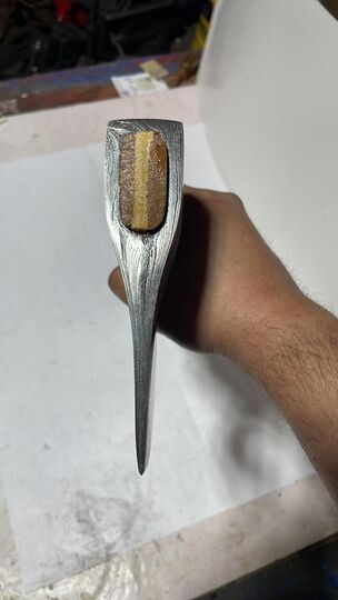 Custom Connie Bay pattern damascus throwing hatchet with sheath!