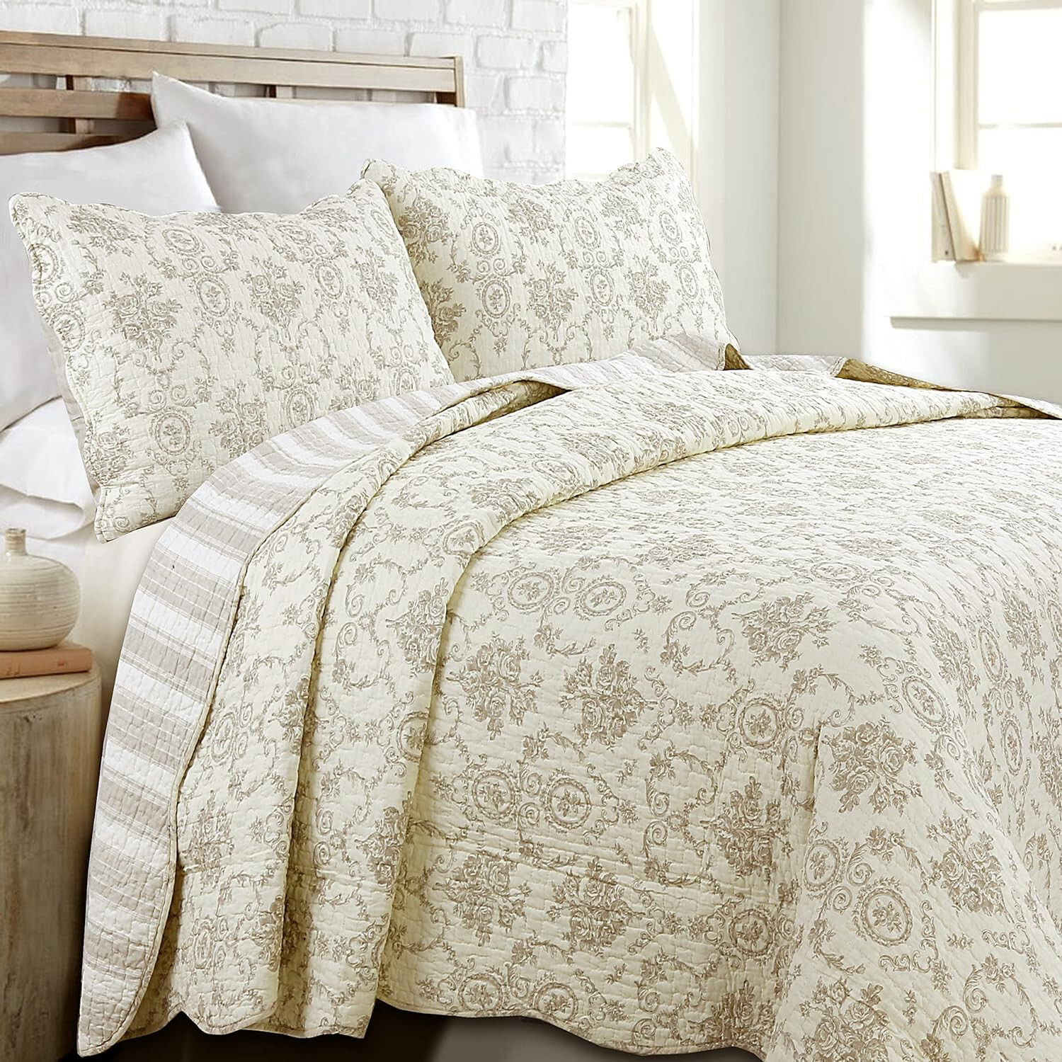 FRENCH IVORY MEDALLION 3p King QUILT SET: COZY COTTON TOILE STRIPE SHABBY FLORAL