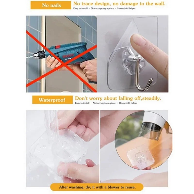 1-50pcs Adhesive Sticky Hooks Heavy Duty Clear Wall Seamless Hooks Hangers USA
