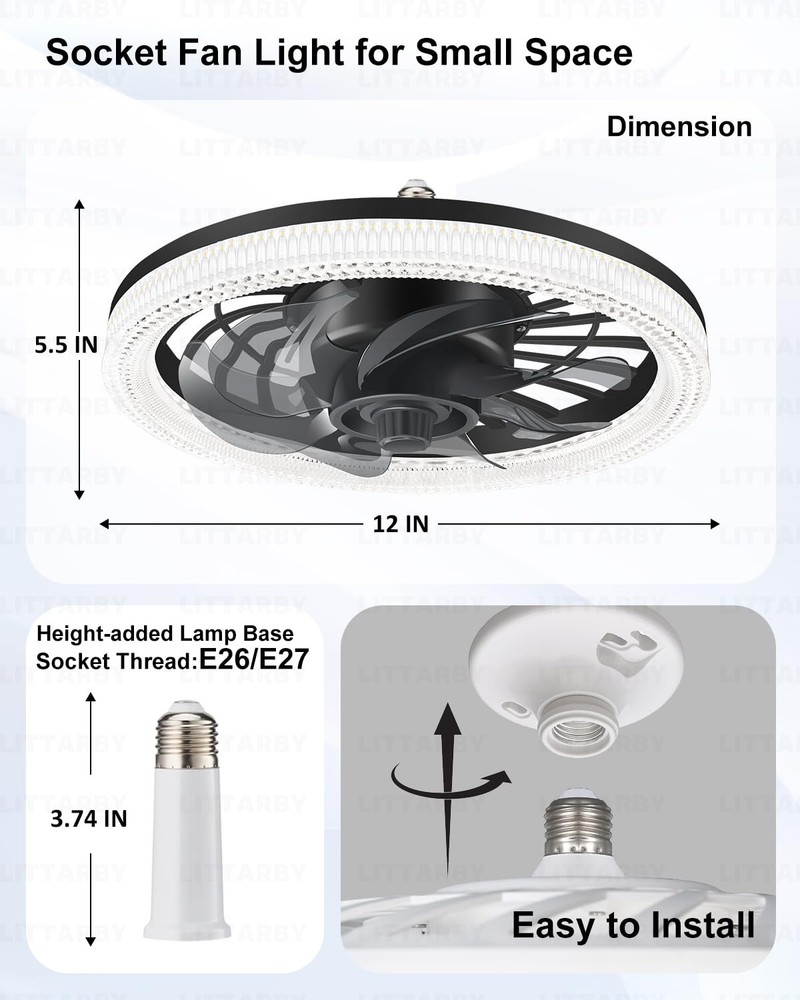 Ceiling Fans with Lights, Socket Fan Light Remote Control, Black-Large