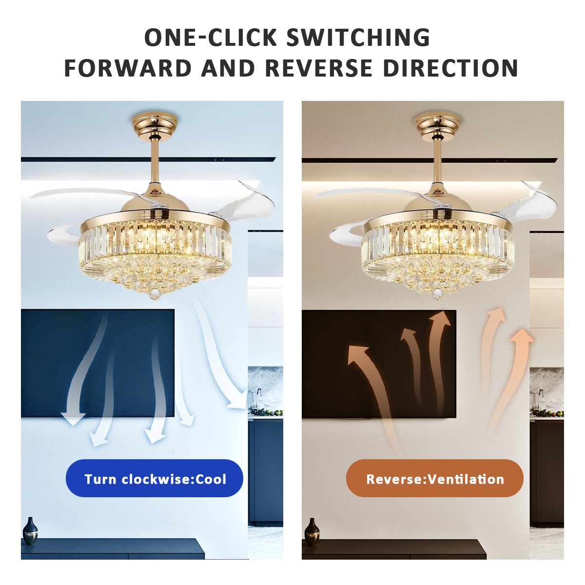 42" Modern Crystal Indoor Ceiling Fan Chandelier w/ Light and Remote Reversible