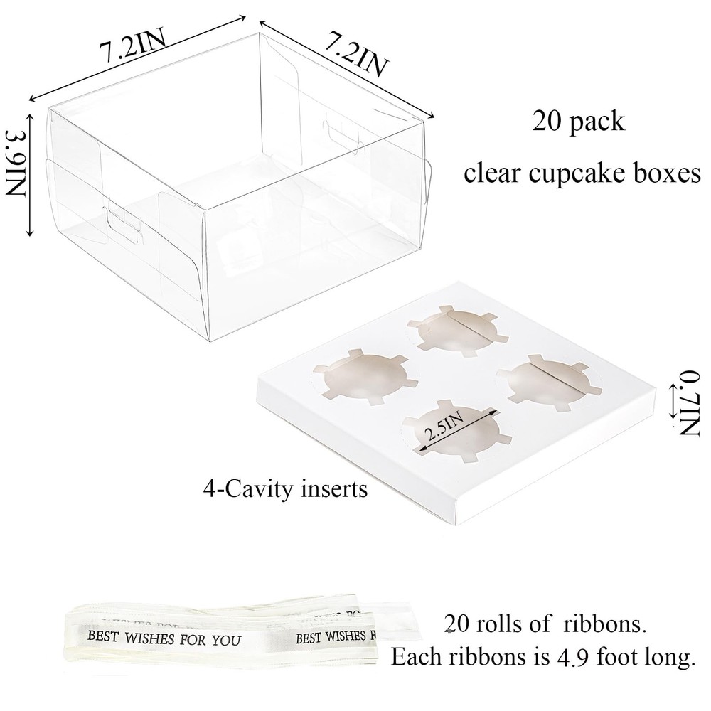 Clear Cupcake Boxes Gift Ribbon 4 Count Plastic Containers 20 Pack