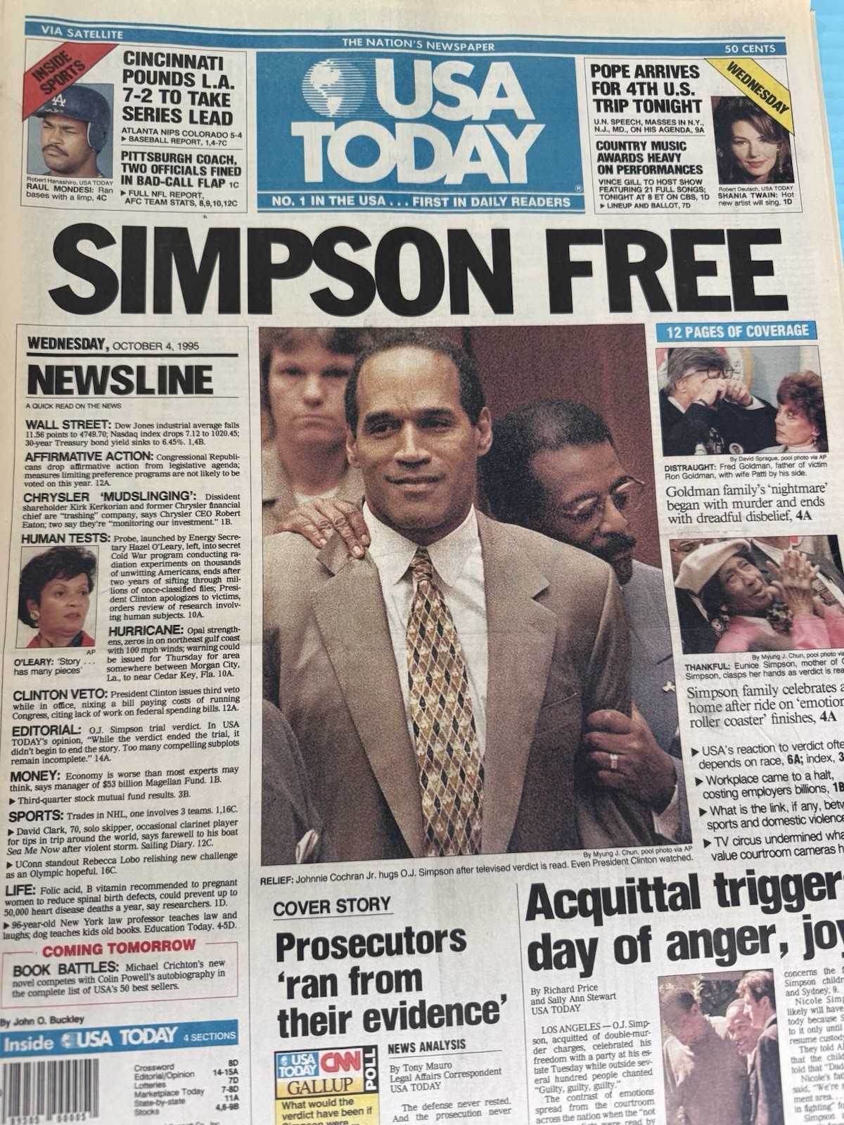 OJ Simpson Free Verdict Double Murder October 4th 1995 USA Today Newspaper