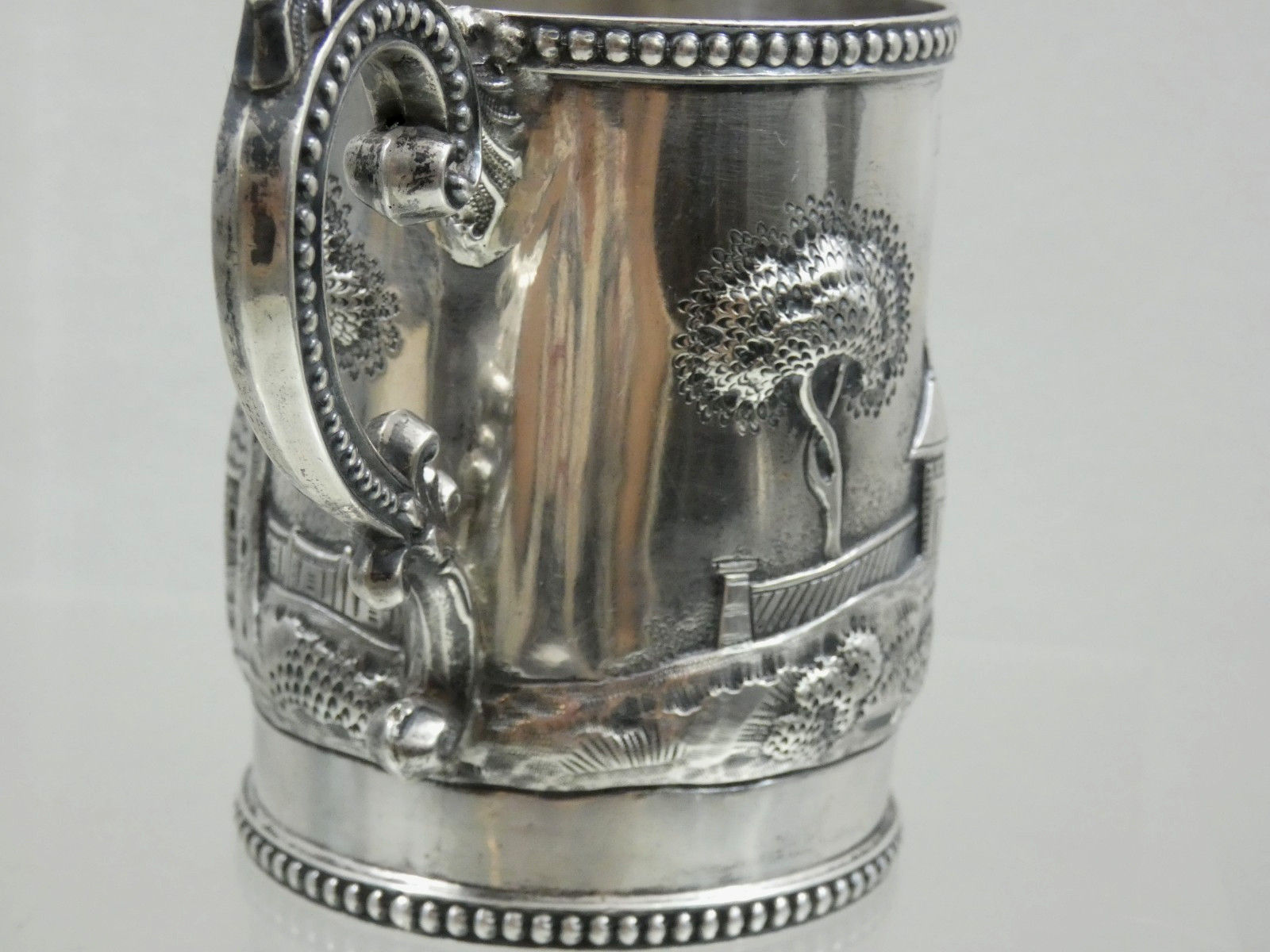 ANTIQUE AMERICAN COIN SILVER MUG CUP HAND CHASED REPOUSSE ARCHITECTURAL sterling