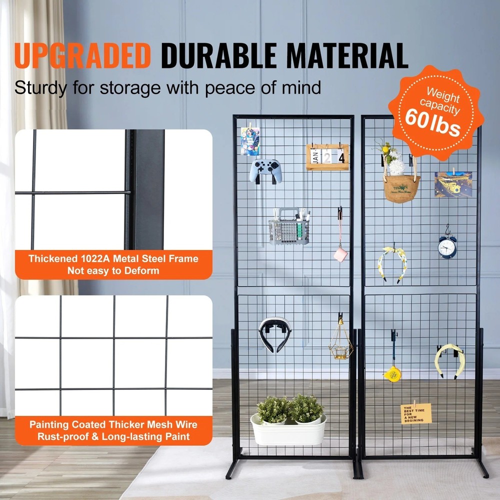 2 Pack Grid Wall Display Panels Floor Standing Wire Rack with Hooks USA
