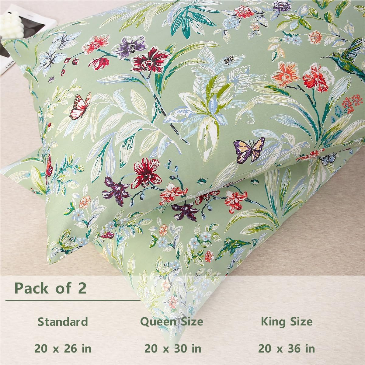 100% Cotton Pillowcases Set of 2 King Size Floral Printed Butterfly Pillow Cases