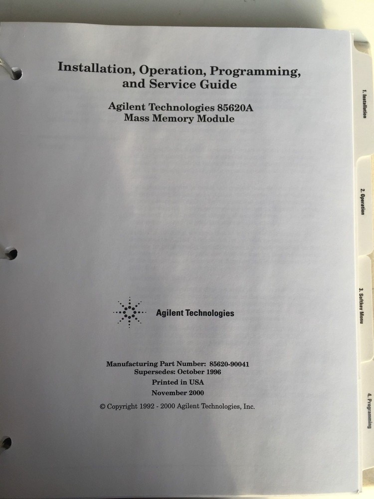 AGILENT 85620A MASS MEMORY MODULE INSTALLATION, OPERATING, PROGRAMMING MANUAL