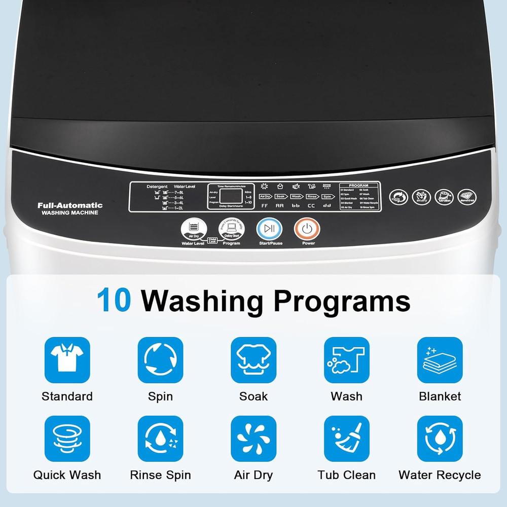 Portable Washing Machine, 17LBS Full Automatic Washer and Spinner, 10 Programs w