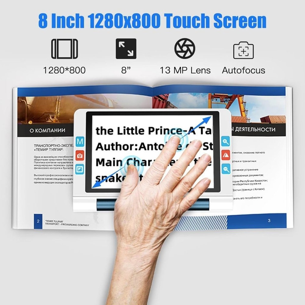 Portable 8-inch Touchscreen Electronic Video Magnifier Low Vision Reading Aid