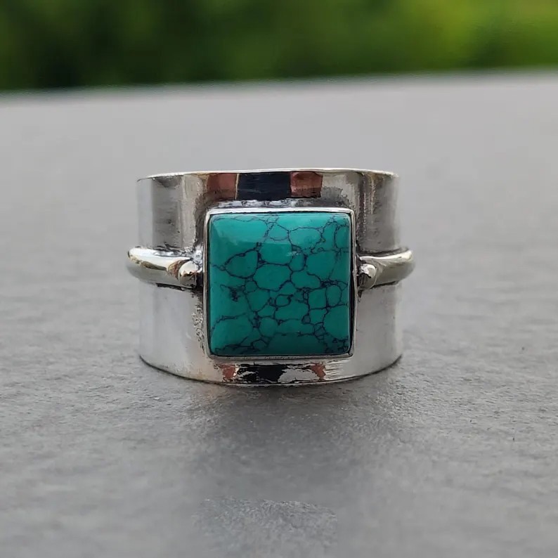 Solid 925 Sterling Silver Natural Turquoise Square Gemstone Wide Band Boho Ring