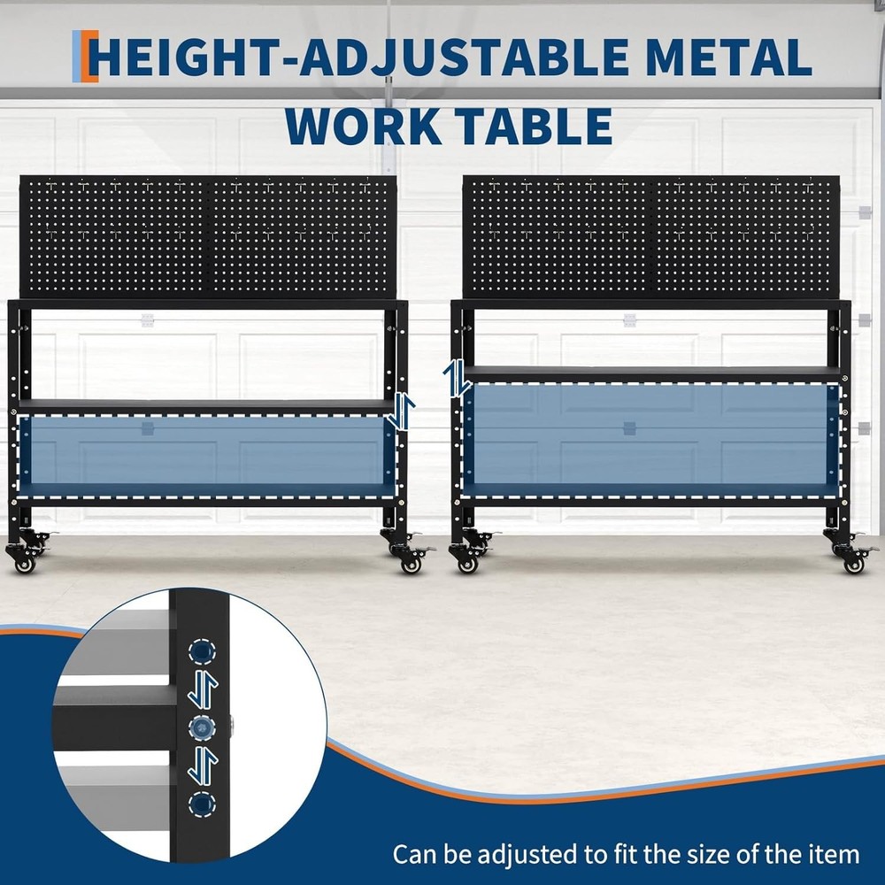 Metal Tool Work Table Adjustable Heavy Duty Bench Pegboard Garage Workstation