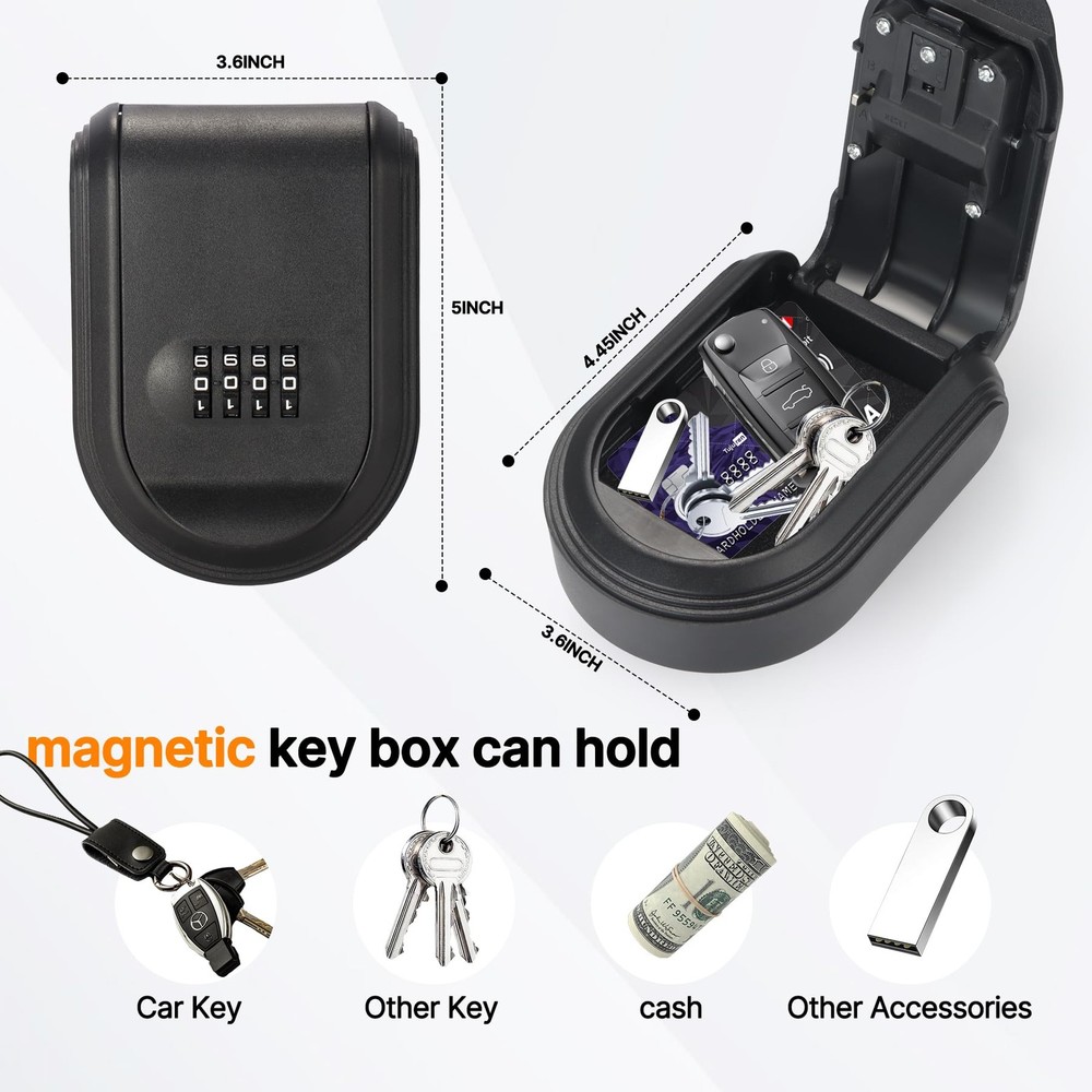 Wall Mount & Magnetic Key Lock Box with 4-Digit Combination Code - Black Heav...
